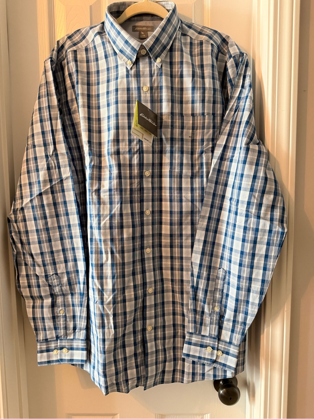 Eddie Bauer Men's Light Blue and White Plaid Button-Down Shirt